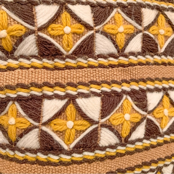 Vintage Handmade Burlap Embroidered Satchel Hand Bag Geometric Tan Brown Boho - Picture 6 of 15